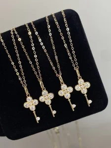 0.25ct Four Leaf Clover Key Natural Diamond Necklace 18K Yellow Gold Stackable for Women