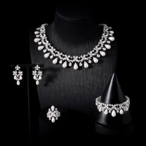 00065 Women’s Flower Pearl Necklace Jewelry Set with AAA Cubic Zirconia for Bridal Accessories