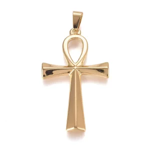 10 Pcs Ankh Cross Pendants, Gold-Plated 304 Stainless Steel, For Bracelet