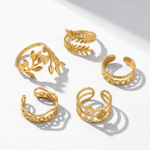 10709 5-Piece Gold-Plated Stainless Steel Adjustable Stackable Ring and Watch Set for Women