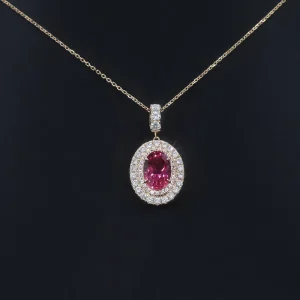 10K Gold Women’s Necklace with 3-Carat Oval Cut Laboratory Cultivated Ruby Pendant Rose Large Diamond Pendant & Charms