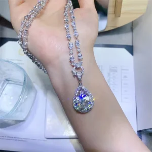 10g D-Color Round Brilliant Cut Moissanite Pendant Necklace in 925 Sterling Silver with Rhodium Plating and Rope Chain