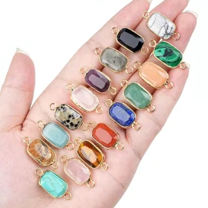 11 x 25 mm Natural Gemstone Connector, Rectangle Faceted Crystal Link Charms, Double Loops for DIY Earring and Necklace Making