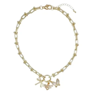 1235G Gold Plated Crystal Multi-Charm CZ Butterfly Pendant Chain Necklace