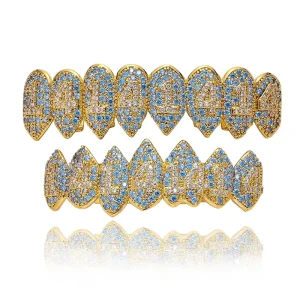 1414 Grillz with 8 Sharp Teeth Vampire Design Brass Zircon Gold Plated