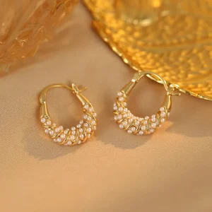 14K 18K Gold Plated Shell Pearl Hoop Earrings with CZ and White Pearl Inlay
