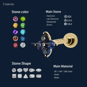 14K Au585 Yellow Gold Natural Sapphire Stud Earring with Threaded Ball Back
