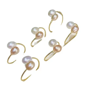 14K Gold Natural Freshwater Pearl Ring Adjustable Rice Pearl for Women