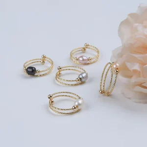 14K Gold Natural Freshwater Rice Pearl Adjustable Ring for Women