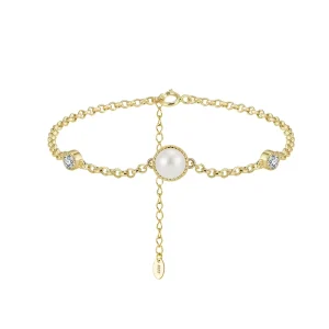 14K Gold Plated 925 Sterling Silver Rolo Link Chain Pearl Charm Cultured Freshwater Pearl Bracelet For Women