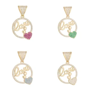 14K Gold-Plated Brass Love Circle CZ Heart Charm Pendant Necklace