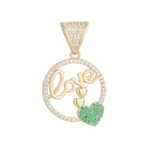 14K Gold-Plated Brass Love Circle Pendant with Green Crystal Heart Charm