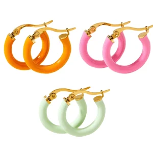 14K Gold Plated C-Shape Colorful Enamel Hoop Earrings for Women