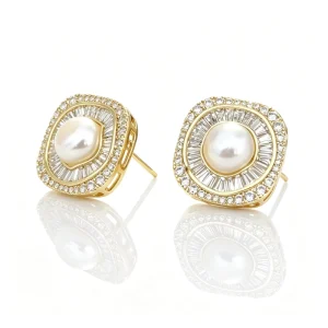14K Gold-Plated Geometric Stud Earrings with Pearls