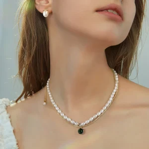 14K Gold Plated Layered Pearl Necklace Green CZ 925 Sterling Silver Freshwater Pearls