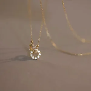14K Gold-Plated S925 Sterling Silver Interlocking Double-Ring Diamond Pendant Necklace, Women’s Charm