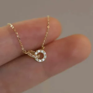 14K Gold Plated S925 Sterling Silver Interlocking Double Ring Pendant Necklace with Diamond