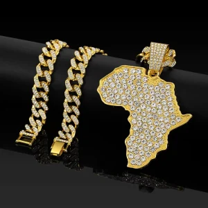 14K Gold Plated Zinc Alloy Africa Map Pendant Necklace for Men with Full CZ Cuban Link Chain Jewelry Set