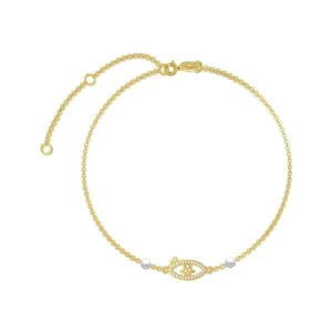 14K Solid Gold Bracelet with Two Freshwater Pearls and Zircon Eye Links