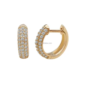 14K Yellow Solid Gold Au585 CVD HPHT Lab-Grown Diamond Paved Huggie Hoop Earrings
