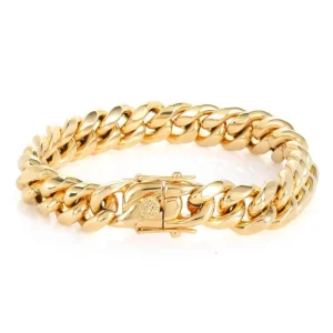 14MM Hip Hop Cuban Link Bracelet, 18K Gold Plated Stainless Steel