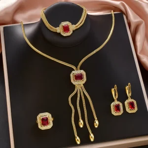 14K Gold-Plated Copper Necklace, Earrings, Ring and Bracelet Bridal Jewelry Set