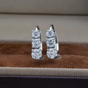 14k White Gold Lab Grown Diamond Hoop Earrings IGI Certified Three Stone Daily Wear Clip on Earrings