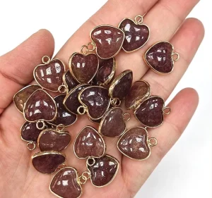16*19mm Strawberry Quartz Heart Charm Pendant with Gold Edge for Jewelry Making