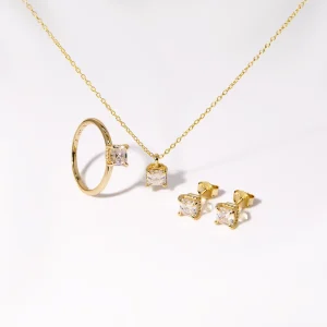18K Gold-Plated Princess-Cut Moissanite Necklace, Earrings and Ring Three-Piece Set for Weddings