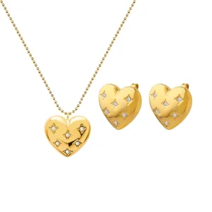 18K Gold Stainless Steel Zircon Heart Pendant Necklace and Earrings Set