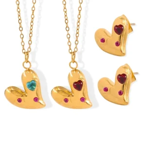 18K Gold-Plated Stainless Steel Colorful Zircon Heart Pendant Necklace and Earrings Set
