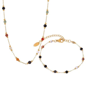 18K Gold-Plated Stainless Steel Beaded Natural Stone Necklace and Bracelet Set