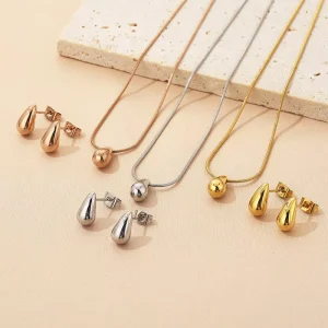 Anti-Tarnish Custom Bridal Stainless Steel 18K Gold-Plated Teardrop Necklace Jewelry Set