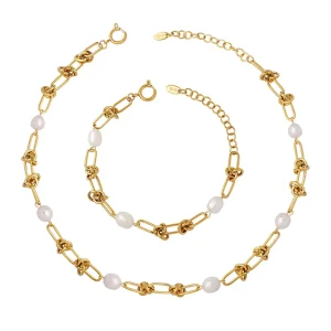Custom 18K Gold-Plated Stainless Steel Link Chain Freshwater Pearl Necklace and Bracelet Set