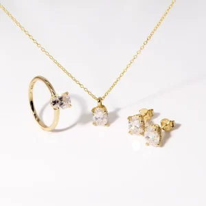 Women’s 18K Gold-Plated 925 Sterling Silver Necklace, Ring and Earrings with 4-Prong Marquise-Cut Moissanite