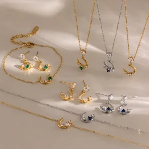 18K Gold Stainless Steel Round Cubic Zirconia Lucky Horseshoe Jewelry Pendant, Earrings, Chain Bracelet and Necklace Set for Parties