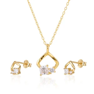 Vintage Engagement Anniversary Jewelry Set, Zirconia, 18K Gold-Plated Bridal Necklace and Earrings, Wedding Gift