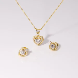 Vintage Heart-Shaped Moissanite 18K Gold-Plated Certified Sterling Silver Necklace and Earrings Set