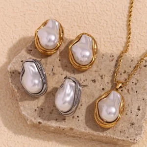18K Gold-Plated Stainless Steel Baroque Pearl Pendant Necklace and Earrings Jewelry Set for Women
