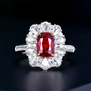 18K Gold 1.66Ct Cushion Unheated Ruby Ring with Natural Diamond