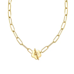 18K Gold PVD Plated Paper Clip Chain Daisy Flower Toggle Choker Necklace for Women Chunky