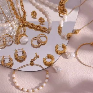 18K Gold PVD-Plated Stainless Steel Jewelry Set with Pearl Earrings and Rings for Weddings