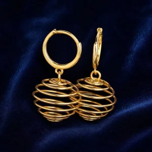 18K Gold Plated 925 Silver Spring Ball Drop Earrings Hollow Spiral Orb for Women