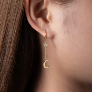 18K Gold Plated 925 Sterling Silver Earrings Fine Moon Star Dangle Pave Zircon Hoop Tassel Link Chain Christmas Gift