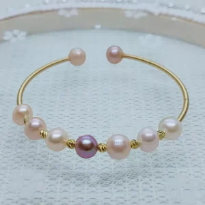 18K Gold-Plated Braided Bracelet with 7-8 mm Freshwater Color Pearls, Handmade Woven Copper