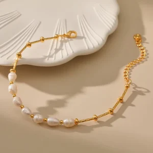 18K Gold-Plated Brass Freshwater Pearl Bead Bangle, Hypoallergenic