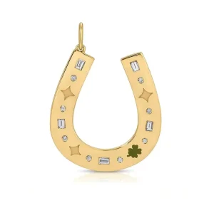 18K Gold-Plated Brass Horseshoe Charm Link Chain Necklace Bohemian Style with Zircon