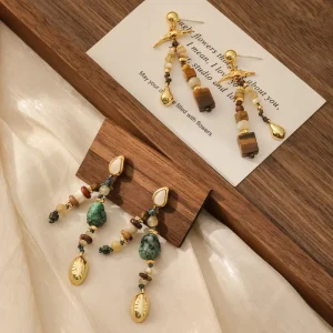 18K Gold-Plated Brass Irregular Natural Stone Fringe Drop Earrings, Hypoallergenic