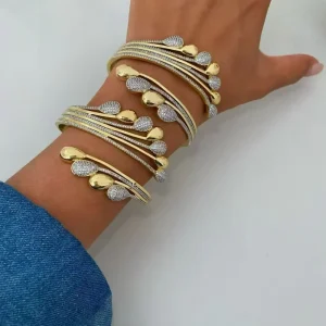 18K Gold Plated Brass Multi-Row Teardrop Cuff Bangle with Tarnish-Free Finish