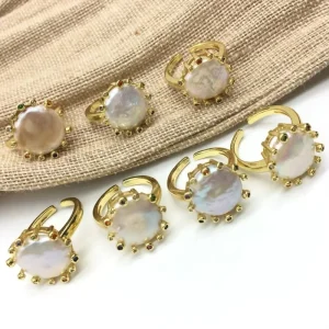 18K Gold Plated Brass Ring with Freshwater Pearl and Colorful Zircon Edge for Girls